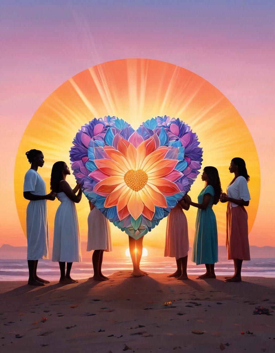 A powerful visual representation of resilience and empowerment, featuring a diverse group of individuals standing together, embodying strength and support. Each person holds a symbolic item representing their journey towards sexual wellness, such as a flower, a shield, or a glowing heart. The background should depict a sunrise, symbolizing hope and new beginnings, with abstract patterns that evoke unity and inclusivity. soft pastel colors. artistic painting.