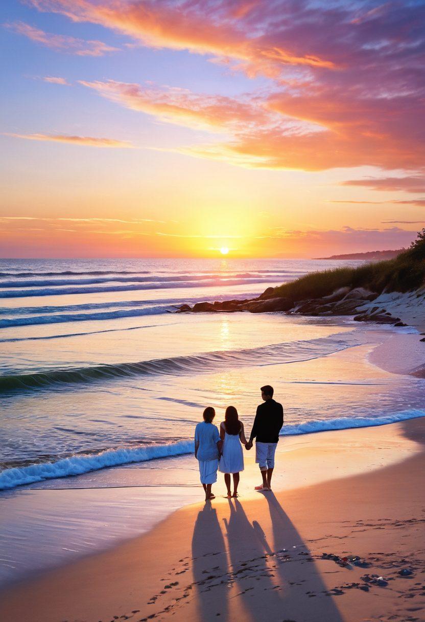 A serene setting of two people sharing a warm embrace on a beach at sunset, symbolizing connection and support. In the background, gentle waves lapping at the shore, with soft pastel colors merging in the sky to evoke a sense of calm and healing. Include subtle symbols of growth like blooming flowers or budding trees nearby. super-realistic. vibrant colors. soft focus.