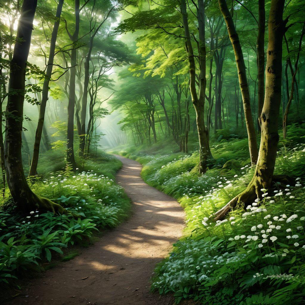 A serene and inviting path winding through a lush green forest, symbolizing the journey towards healthy sexual relationships. Alongside the path, support figures holding hands, representing companionship and understanding, with soft, warm light filtering through the trees. Include subtle elements that symbolize recovery, like blooming flowers and gentle streams. The atmosphere should evoke feelings of hope, connection, and tranquility. super-realistic. vibrant colors. serene atmosphere.